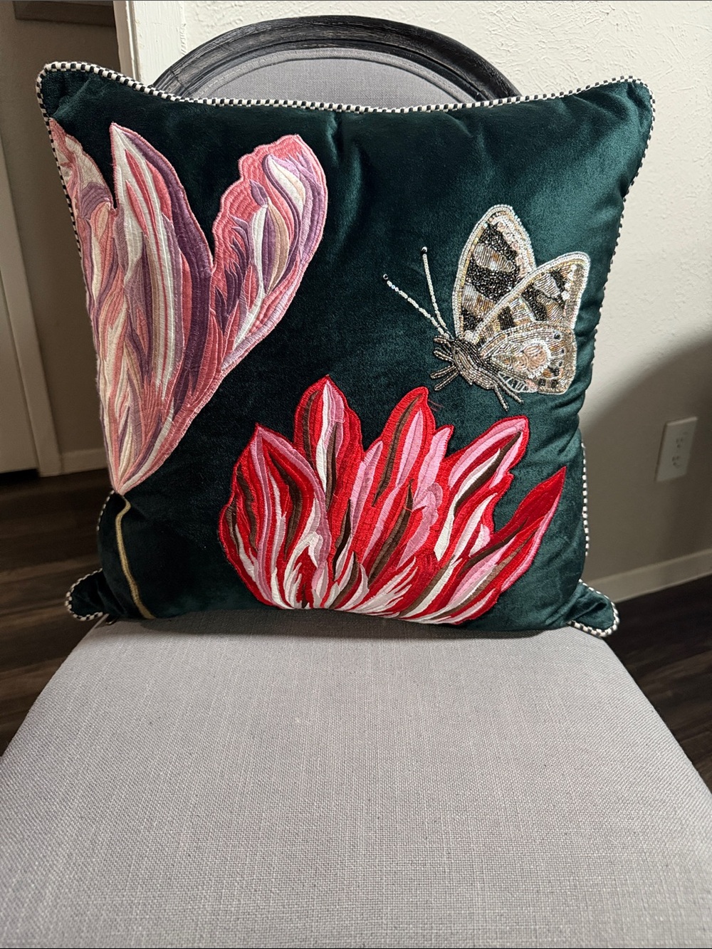 MacKenzie-Childs Emerald Green Velvet Accent with Brass Pineapple Tag